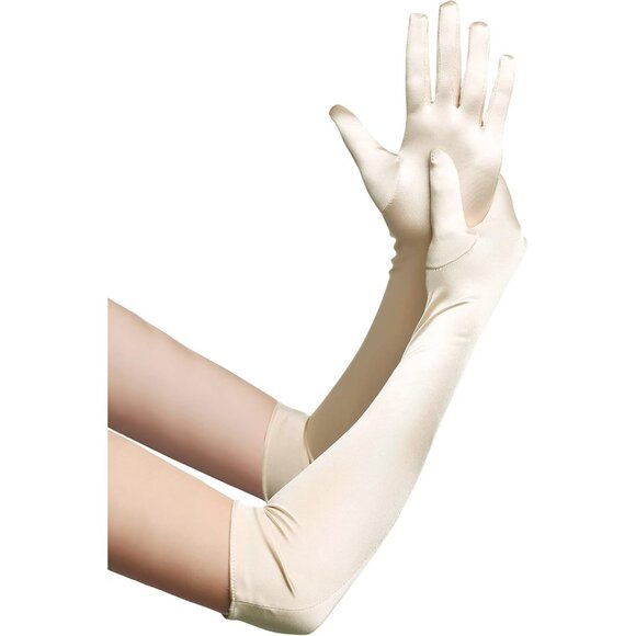 Women's Champagne Long Opera Party 20s Satin Gloves Stretchy Elbow Length - Picture 1 of 7